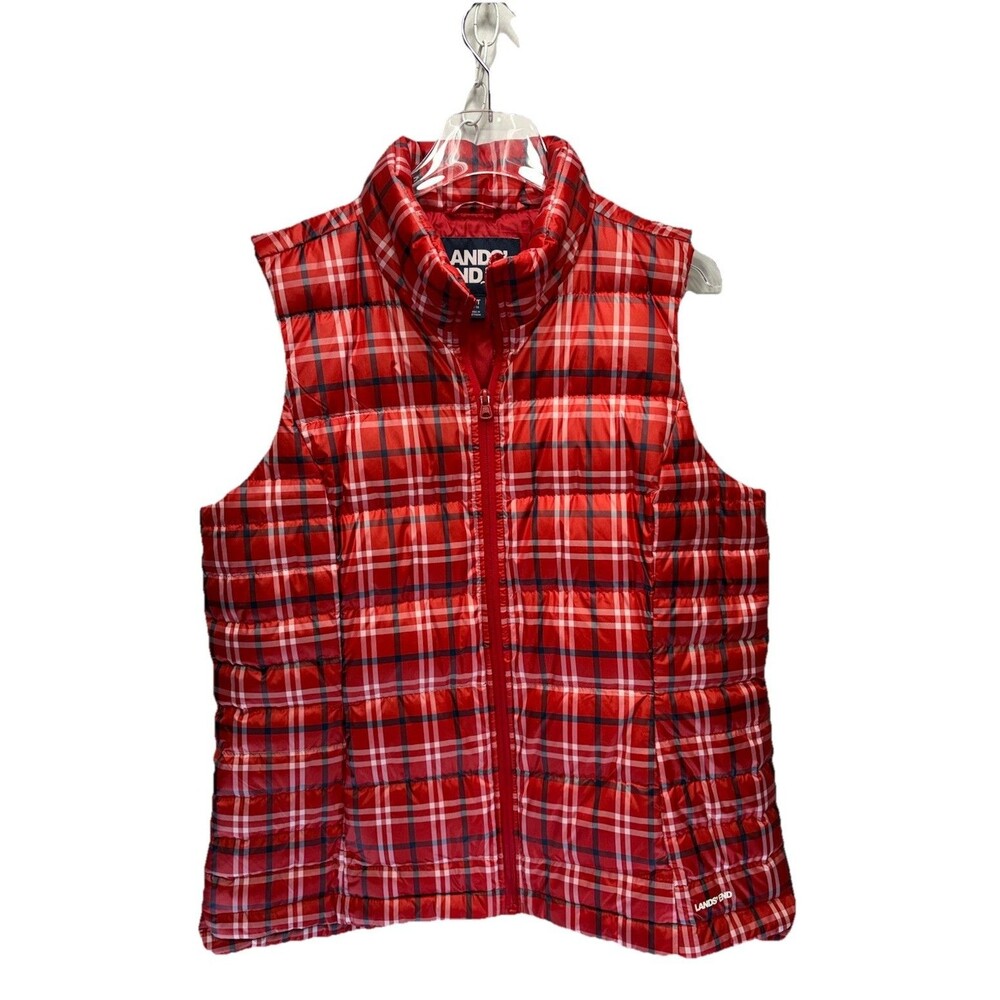 Lands End LT Womens Red Buffalo Plaid Down Puffer Vest Quilted Cabincore Tall